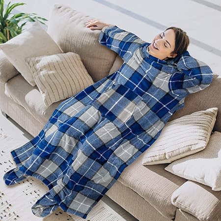 PAVILIA Fleece Blanket with Sleeves, Foot Pockets for Women Men Adults, Plush Wearable Blanket Throw Wrap, Warm Snuggle Blanket Robe, Cozy Gift Ideas Wife Mom, Plaid Navy Blue