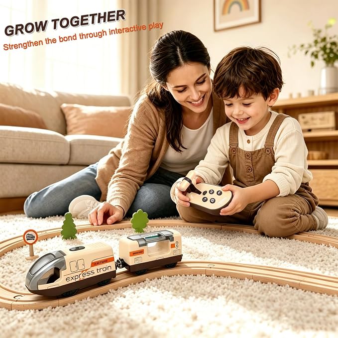 This motorized train set with remote control, tunnel, and realistic sound effects is compatible with popular wooden track brands like Thomas and Brio.