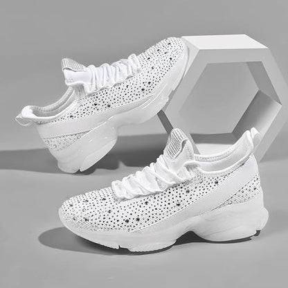 BELOS Women's Rhinestone Mesh Slip On Walking Shoes Fashion Breathable Spakle Glitter Sneaker