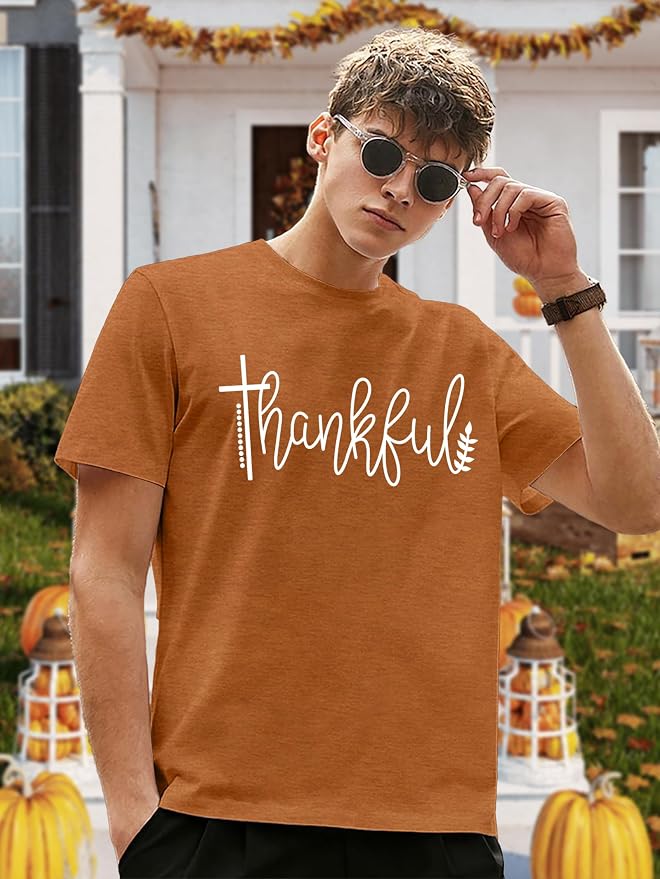 HQP Thanksgiving Shirts for Men: Thankful Grateful Blessed T Shirt Fall Pumpkin Graphic Tees Tops