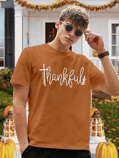 HQP Thanksgiving Shirts for Men: Thankful Grateful Blessed T Shirt Fall Pumpkin Graphic Tees Tops