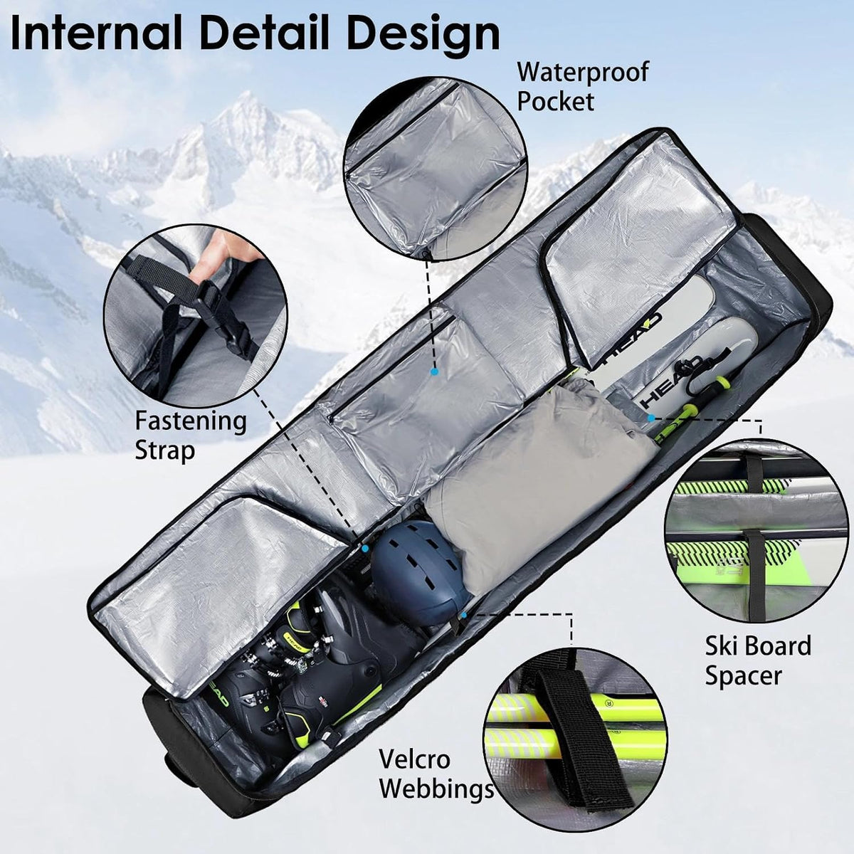 Ski Bags for Air Travel with Wheels Fit Single Snowboard or Double Skis 175 up to 190cm, All-Round Padded Protection, Waterproof, Adjustable Internal Straps