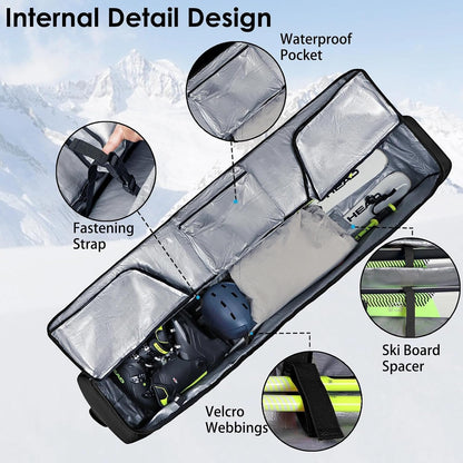 Ski Bags for Air Travel with Wheels Fit Single Snowboard or Double Skis 175 up to 190cm, All-Round Padded Protection, Waterproof, Adjustable Internal Straps