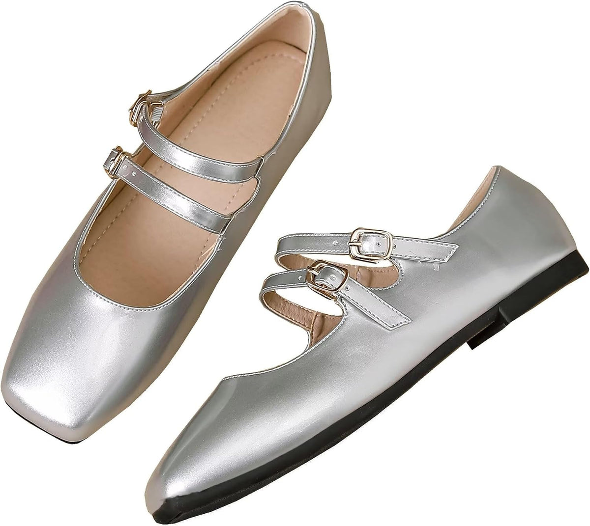 Stunner Women's Mary Jane Flats Retro Square Toe Soft Ballet Flats Comfort Double Line Strap Wedding Dressy Flats 2.