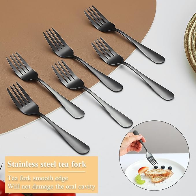 Evanda Black Dessert Forks Set of 12 Pack 5.62", Titanium Black Plating Pastry Fork, Appetizer Fork for Fruit, Cake, Cheese, Party Trips, Cafes, Restaurants, Easy To Clean, Dishwasher Safe