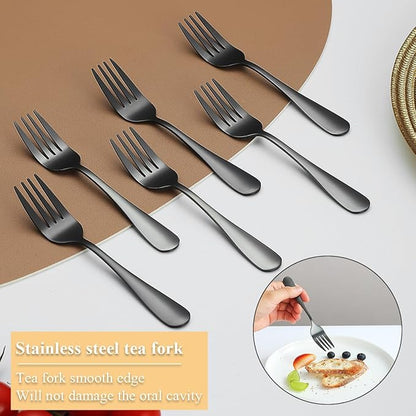 Evanda Black Dessert Forks Set of 12 Pack 5.62", Titanium Black Plating Pastry Fork, Appetizer Fork for Fruit, Cake, Cheese, Party Trips, Cafes, Restaurants, Easy To Clean, Dishwasher Safe