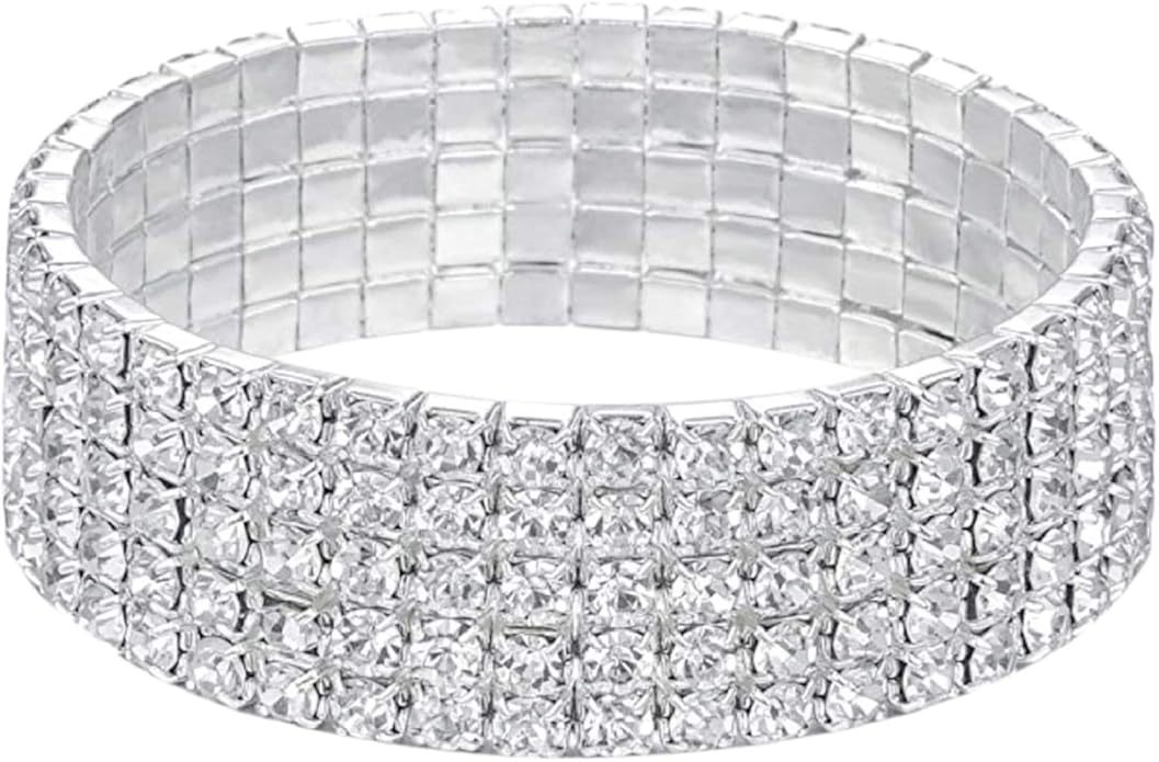 Harlorki Women Lady's 5 Rows Shiny Rhinestone Charm Elastic Stretch Bracelet Sparkling Bridal Bangle Wrist Band Cuff Fashion Jewelry