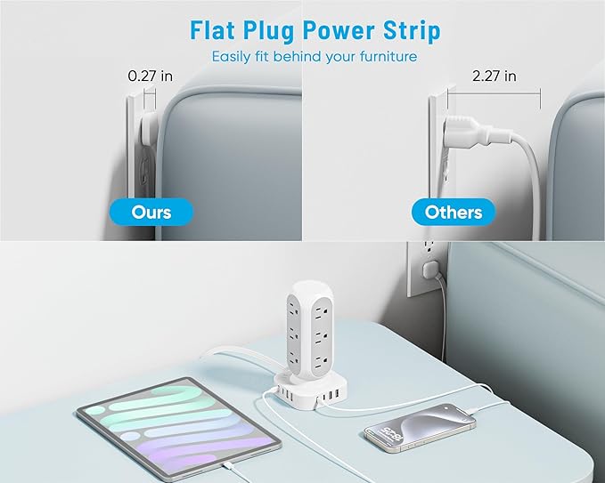 Flat Plug Power Strip Tower 10FT, 40W Total Fast Charging Station, Dual PD 20W USB-C Surge Protector with 12 AC Outlets and 8 USB Ports (4 USB C), Long Extension Cord for Home Office Dorm Room
