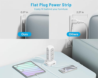 Flat Plug Power Strip Tower 10FT, 40W Total Fast Charging Station, Dual PD 20W USB-C Surge Protector with 12 AC Outlets and 8 USB Ports (4 USB C), Long Extension Cord for Home Office Dorm Room