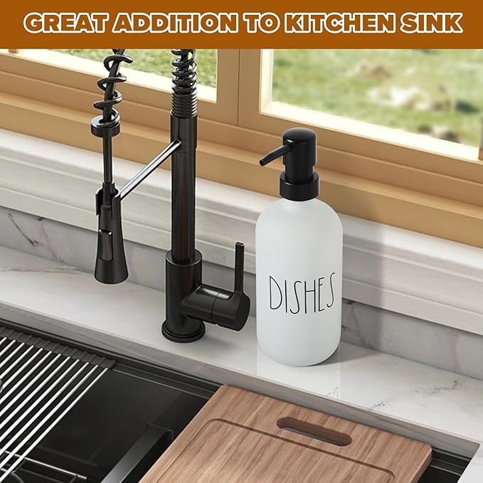 Dish Soap Dispenser, Matte White Soap Dispenser for Kitchen, Glass Dishes Soap Dispenser with Plastic Pump, 17 Fl Oz Refillable Liquid Soap Bottle Container, Farmhouse Kitchen Decor