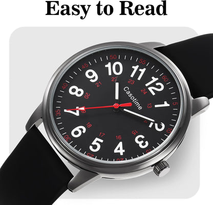 Casotime 30M Waterproof Nurse Watch - Luminous Easy Read Dial, Second Hand & 24H Military Time, Durable Silicone Band for Nurses, Medical Professionals, Students - Men and Women