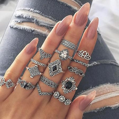 15Pcs Knuckle Rings, Bohemian Style Ladies Ring Rhinestone Inlay Non-fading Jewelry Opening Ring for Women Silver 1.7cm0.67"