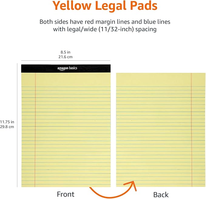 Basics Wide Ruled Lined Writing Note Pad, 8.5" x 11.75", Canary, 600 Perforated Sheets, 12-Pack of 50