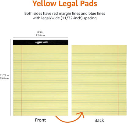 Basics Wide Ruled Lined Writing Note Pad, 8.5" x 11.75", Canary, 600 Perforated Sheets, 12-Pack of 50