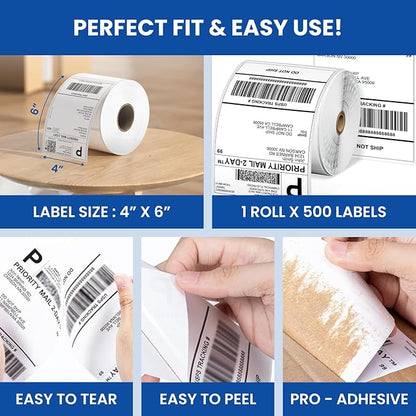 1 Pack of 500, 4x6 Thermal Direct Shipping White Label Roll for Mailing Perforated,Strong Adhesive, Commercial Grade Compatible with Printer Like Rollo, MUNBYN, Zebra, Polono,iDRPT