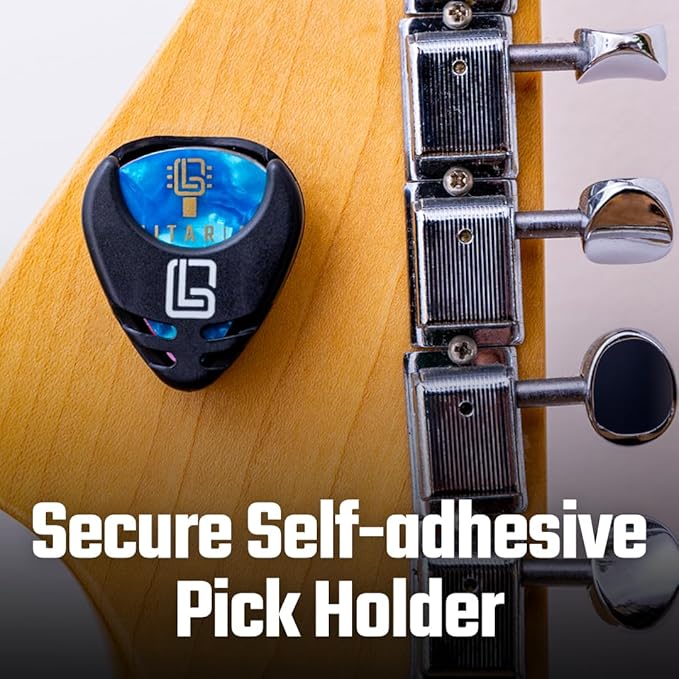 Guitar Pick Holder with Adhesive Backing and 10 FREE Celluloid Picks (0.46mm, 0.71mm, 0.96mm), Stocking Stuffer - Guitar Gifts, Father's Day Gift, For Electric, Acoustic, Bass, Ukulele