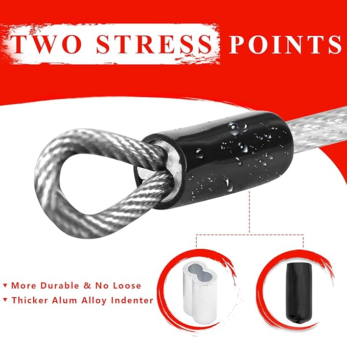 1/8inch Stainless Steel Security Cable 4/6/10/15FT Luggage Lock Safety Cable Wire Flexible Steel Cable Security Wire Rope with Double Loop (2 Pack)