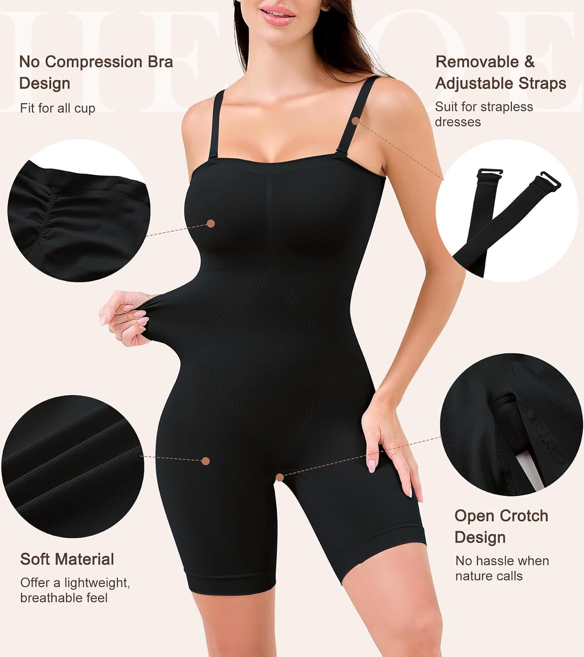 HEPOE Strapless Shapewear for Women, Full Shape Wear Tummy Control Bodysuit, Seamless Slimming Body Shaper.