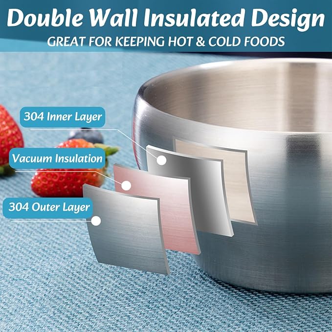 Youeon 3 Pack 28 Oz SUS304 Brushed Stainless Steel Bowls, Double Wall Insulated Bowls, Stainless Steel Soup Bowl for Cereal, Ice Cream, Noodle, 6 Inch Bowl Set for Serving, Dishwasher Safe