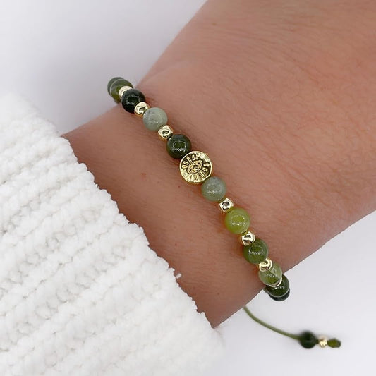 Lucky Evil Eye Natural Stone Beaded Adjustable Bracelet for Women (Green Jade)