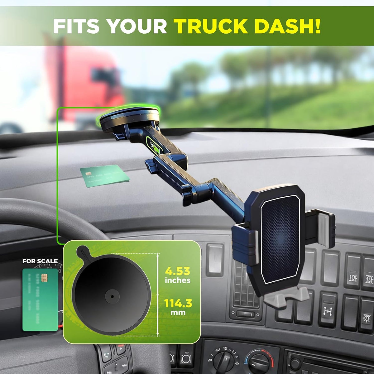 Cell Phone Mount for Truck Phone Holder for Truck Drivers - Heavy Duty Suction Cup + Dashboard Pad, iPhone Holder for Dashboard Window 16.9 inch Long, for iPhone & Samsung, Commercial Trucker, Gray