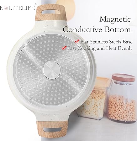 ESLITE LIFE Nonstick Stock Pot with Lid, 5 Quart Granite Casserole Large Soup Pot Pasta Cooking Pot, Induction Compatible, PTFE  PFOA Free, White