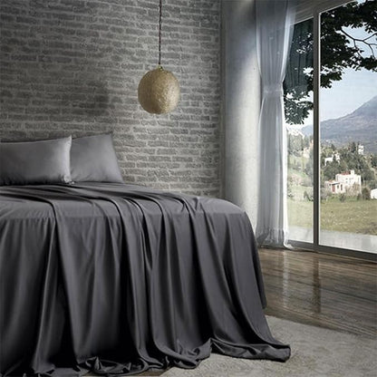Sleepgram Viscose Fiber Cal King Size Bed Sheet Set with Flat Sheet, Fitted Sheet, and 2 Pillowcases for Comfortable Night's Sleep, Grey Stone