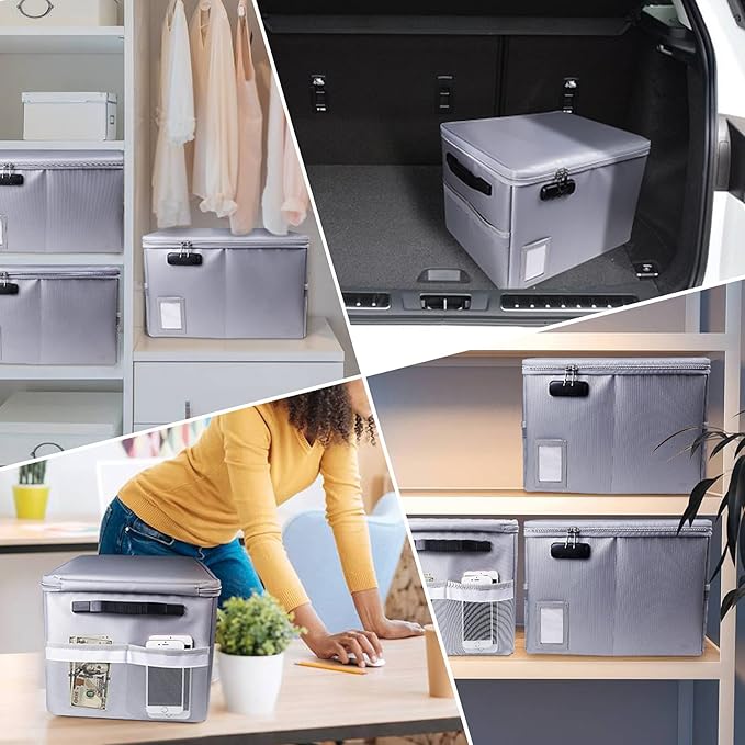 File Box with Lock, Fireproof Document Box File Organizer Box, Portable Office Collapsible File Storage with Reflective Strip for Hanging LetterLegal Size FolderCertificate