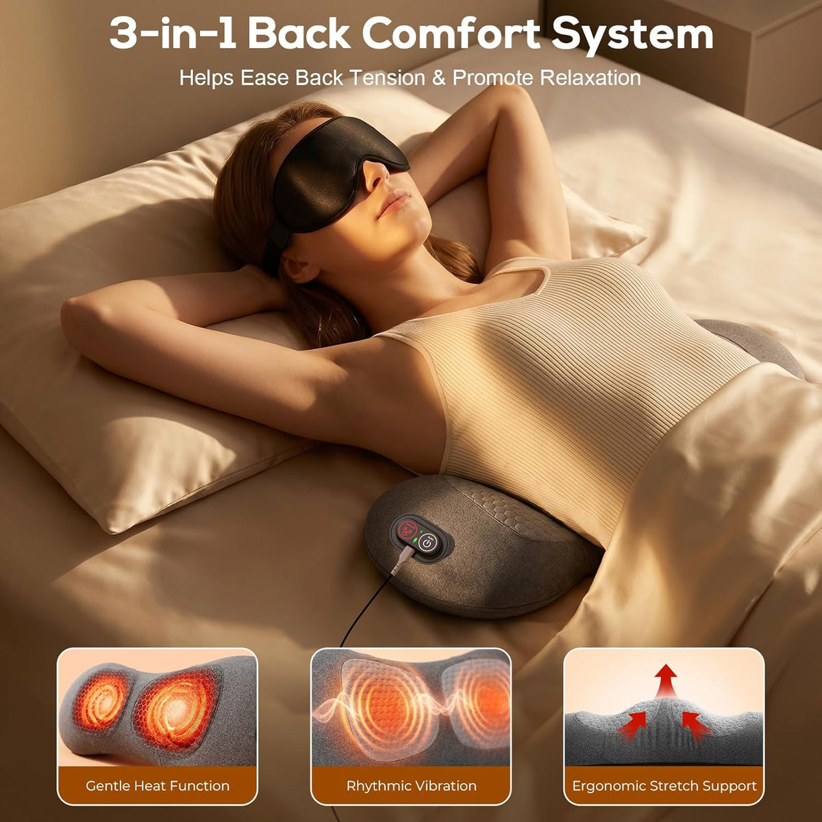 Freebody Upgraded 3-in-1 Lumbar Support Pillow with Heat, Vibration & Stretching, Ergonomic Electric Lumbar Pillow, Portable Lower Back Support Cushion for Home, Office, Car & Travel