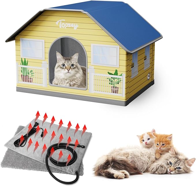 Toozey Large Outdoor Heated Cat House, Weatherproof Outdoor Cat House for Winter with Pet Heating Pad, Safe Feral Outside Pet House, Suitable for Several Cats or Small Dogs, Warm Heated Cat Shelter