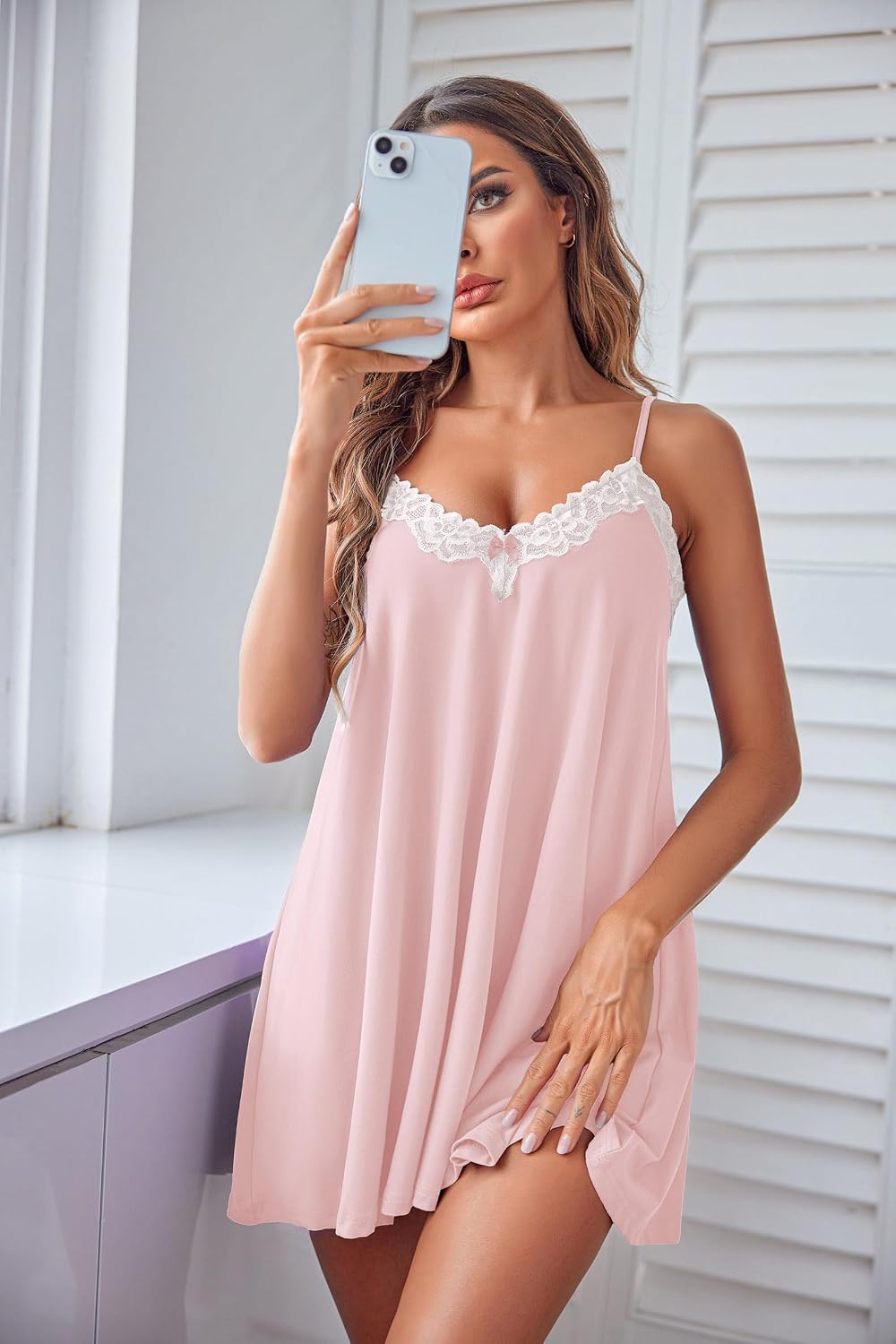 Ekouaer Women Lace Nightgown Sexy Spaghetti Strap Cami Sleeveless Chemise Sleepwear Sleep Dress