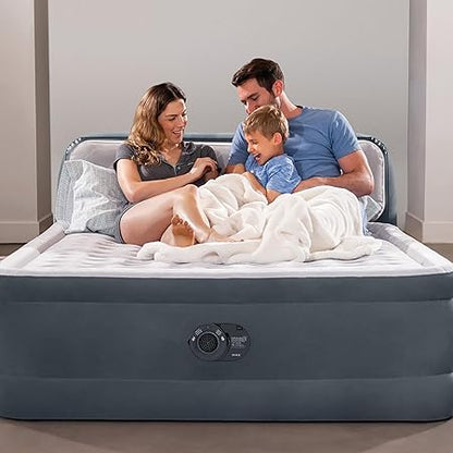 Intex 64447ED Dura-Beam Deluxe Ultra Plush Air Mattress with Headboard: Fiber-Tech  Queen Size  Built-in Electric Pump  18in Bed Height  600lb Weight Capacity