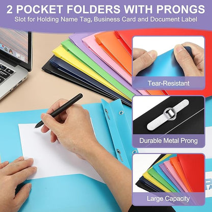 PATIKIL Pocket Folders with Prongs, 12 Pcs Heavy Duty Plastic Pocket Folders with 3 Fasteners Fit Letter Size Paper for Resume Documents Files Letters, Yellow