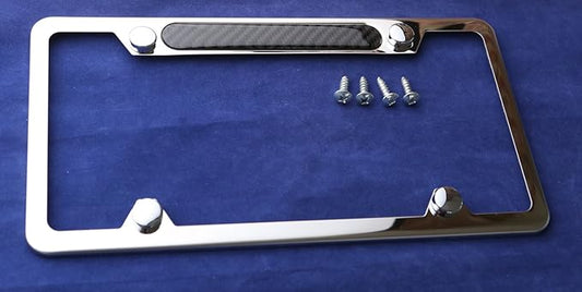 LFPartS Stainless Steel Polished Mirror License Plate Frame (Black Carbon Fiber Domed Insert)