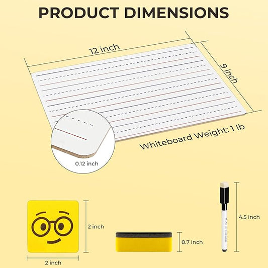 Double Sided Dry Erase Boards - LinedPlain, Ohuhu 25-Pack 9 x 12 Inch Whiteboards Set, Including 25 x Lap Board, 25 x Black Markers, 25 x White Boards Eraser for Students, Classroom, School