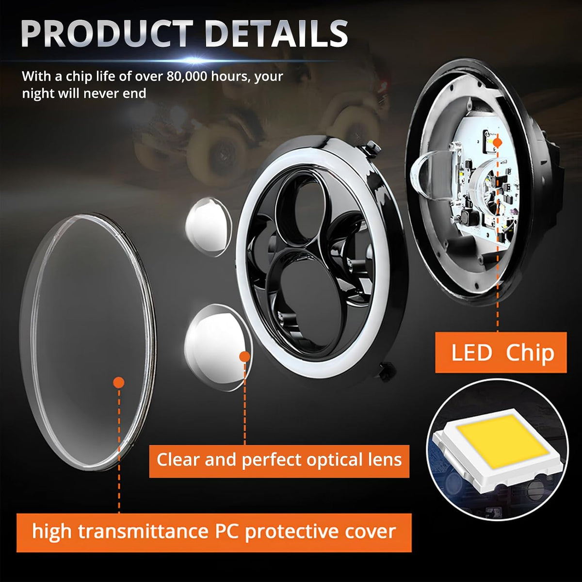 Round 4LED 7 Inch Lamps Head 12V-36V Lantern Hight/Low Beam Angle Eyes Wrangler 45W Accessoire Voiture Driving Car Fog Work Light Motorcycle LED White