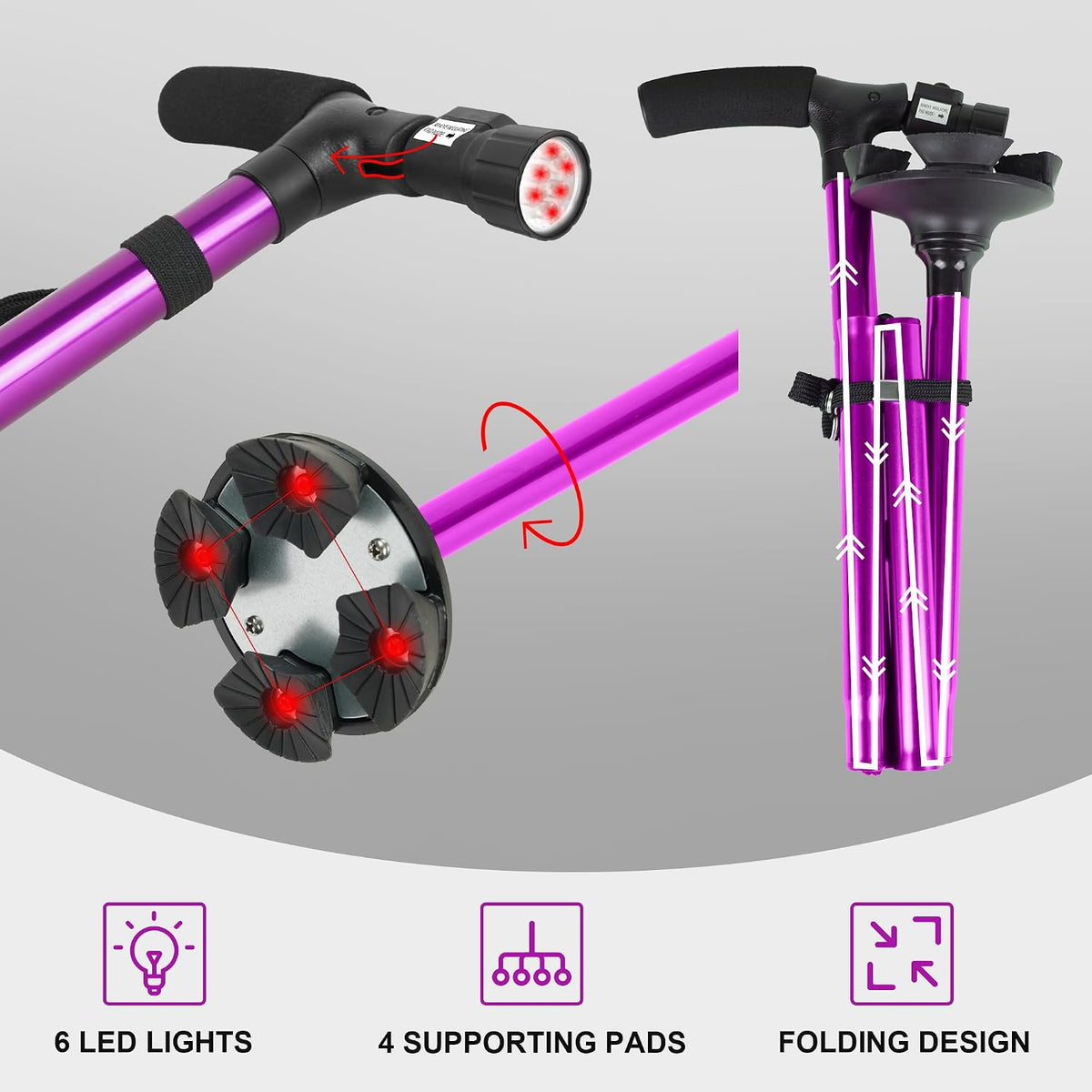 Folding Cane with Led Light, Adjustable Canes for Men and Women, Walking Stick for Elderly with Cushion Handle and Pivoting Quad Base for Hiking Mountain Climbing Backpacker…