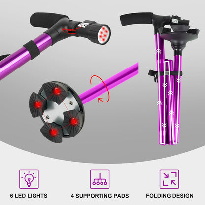 Folding Cane with Led Light, Adjustable Canes for Men and Women, Walking Stick for Elderly with Cushion Handle and Pivoting Quad Base for Hiking Mountain Climbing Backpacker…