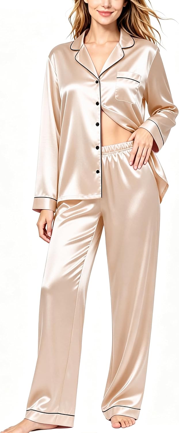 SWOMOG Women's Satin Long Sleeve Button Down Pajama Set