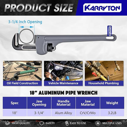 18 Inch Aluminum Pipe Wrench, 3-14"83mm Adjustable Cr-Mo Jaw Opening Heavy Duty Aluminum Straight Handle Plumbing Wrenches, Perfect Plumbers Tool Exceed GGG Standard