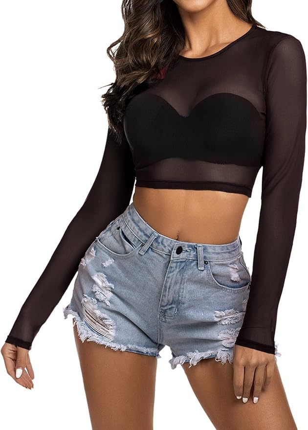 Avidlove Women Mesh Crop Top Long Sleeve See Through Shirt Sheer Blouse O Neck Clubwear S-4XL