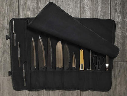 Asaya Canvas Chef Knife Roll Bag - 10 Knife Slots and a Large Zipper Pocket - Durable 10oz Canvas Knife Case with an Adjustable Shoulder Strap - Knives not Included