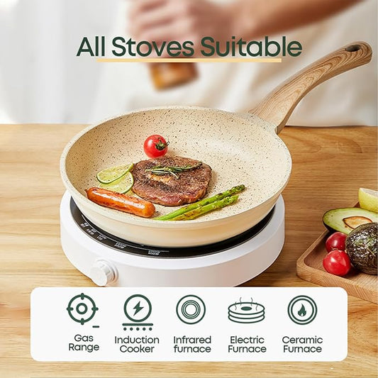 8 Inch Nonstick Frying Pan Skillet with Lid,Granite Non Stick Omelet Pans,Induction Compatible Egg Pan with Heat Resistant Handle,PFOA Free
