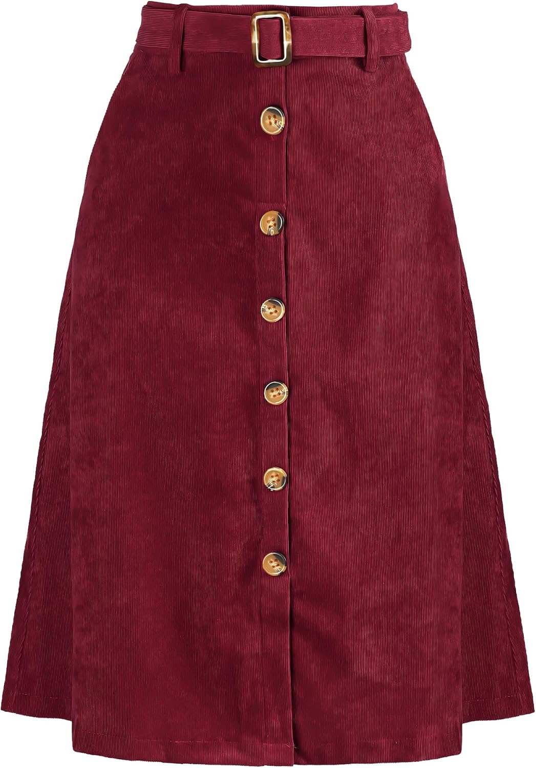 Allegra K Women's Button Front High Waist A-Line Belted Corduroy Midi Skirt | Corduroy Fabric, Tie Waist, A-Line, High Waist, Elastic Waist, Slant Pockets, Belt Loops, Midi Length