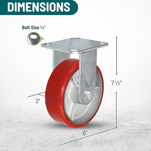 6 Inch Rigid Fixed Caster - 6 X 2 Polyurethane on Iron Wheel - 1200 Lb Weight Capacity - Great for Tool Box Replacements or Heavy Equipment - Easy Push - CasterHQ Brand