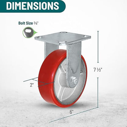 6 Inch Rigid Fixed Caster - 6 X 2 Polyurethane on Iron Wheel - 1200 Lb Weight Capacity - Great for Tool Box Replacements or Heavy Equipment - Easy Push - CasterHQ Brand