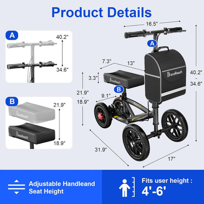 350 Lbs Capacity Foldable All Terrain Knee Scooter Walker - Economical Foot Injury Crutch Alternative - Black