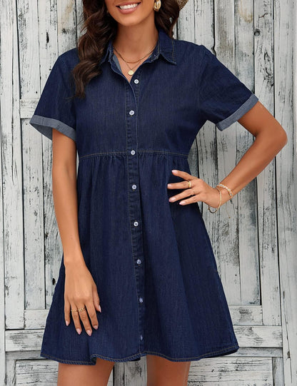 LookbookStore Women's Short Sleeve Button Down Flowy Tiered Babydoll Denim Dress