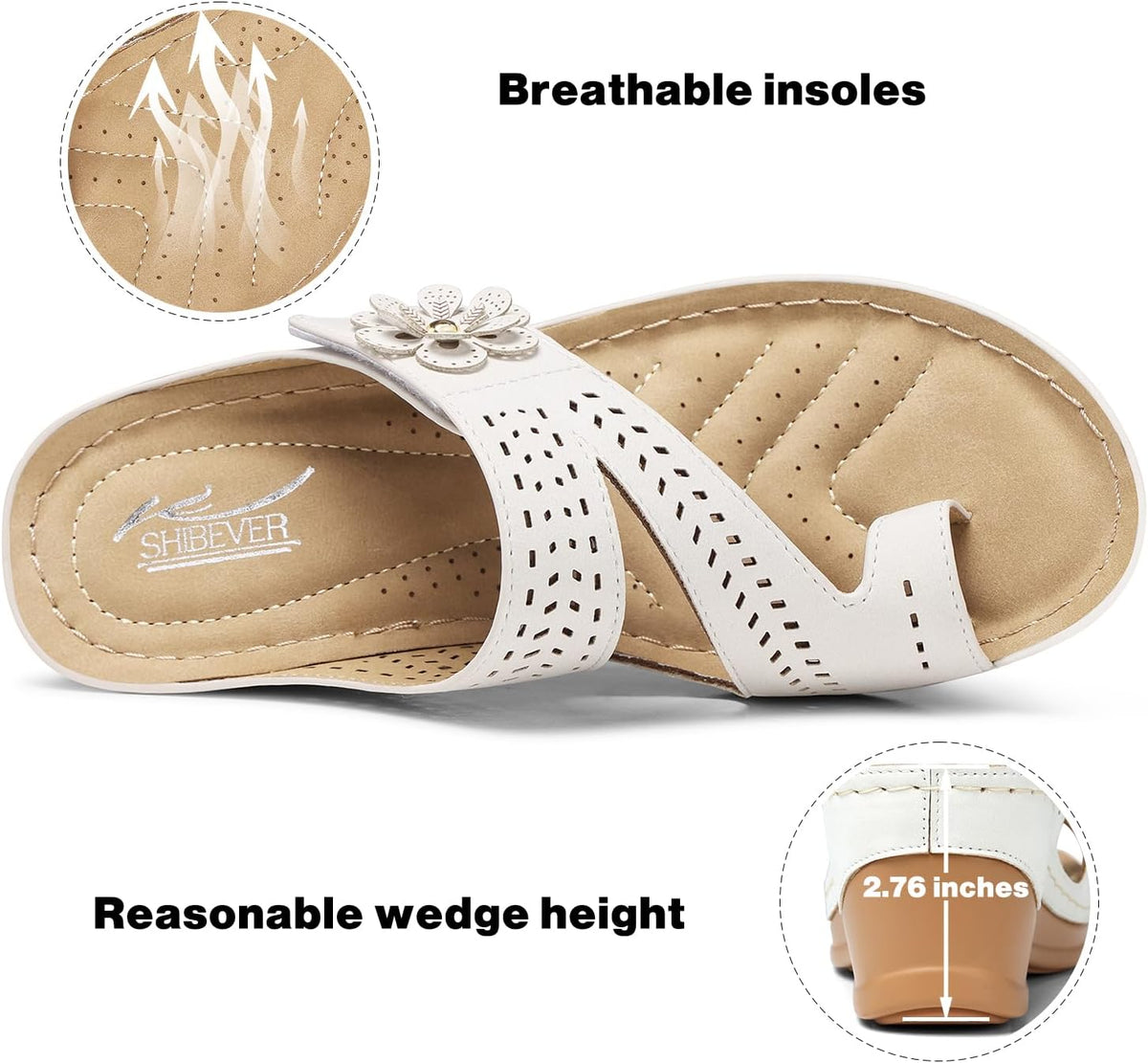 SHIBEVER Women's Wedge Sandals Comfortable: Dressy Slip-On Summer Shoes | Arch Support for All-Day Comfort - Adjustable Hook and Loop - Orthopedic Flip Flops for Casual Walking