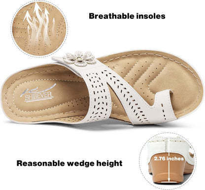 SHIBEVER Women's Wedge Sandals Comfortable: Dressy Slip-On Summer Shoes | Arch Support for All-Day Comfort - Adjustable Hook and Loop - Orthopedic Flip Flops for Casual Walking
